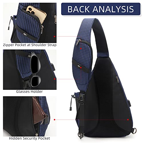 TurnWay Water-Proof Sling bag/Crossbody Backpack/Shoulder Bag with USB Charging Port for Travel, Hiking, Cycling, Camping - color: Blue Grid