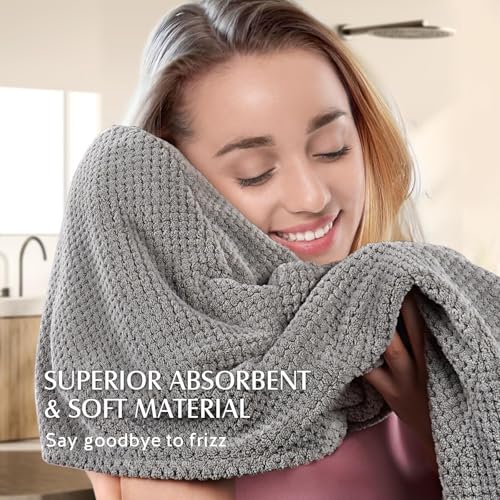 YFONG 3 Pack Large Microfiber Hair Towel Wrap, 30" x 10" Anti Frizz Quick Dry Hair Towels for Women Long, Curly, Thick Hair, Super Absorbent Hair Turban for Wet Hair (Grey, White, Camel) - color: Grey, White, Camel