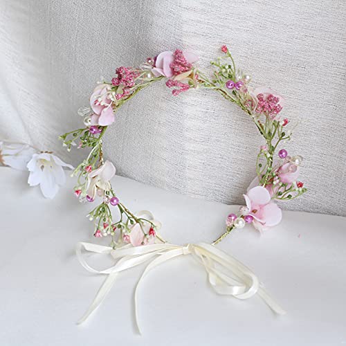 Vivivalue Boho Flower Crown Adjustable Flower Headband Hair Wreath Floral Headpiece Halo with Ribbon Wedding Party Festival Photos Pink - color: 2