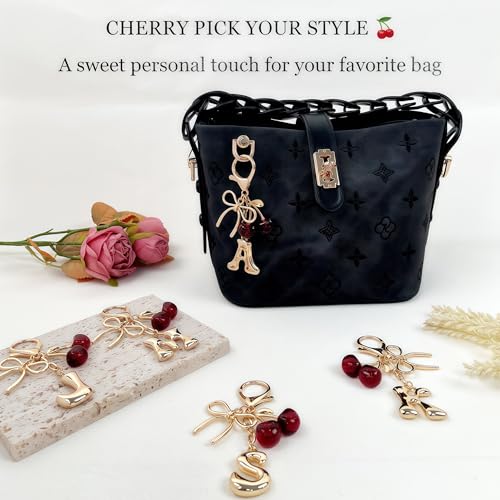 Cute Initial Cherry, Bow, Heart & More Styles - Personalized Keychain Bag Charms & Purse Accessories for Handbags - color: Red Cherry, style: A
