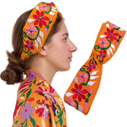 FANFAN Boho Flower Headband Orange Embroidered Elastic Hair Band One Size E9 (Orange, One Size) - color: Orange