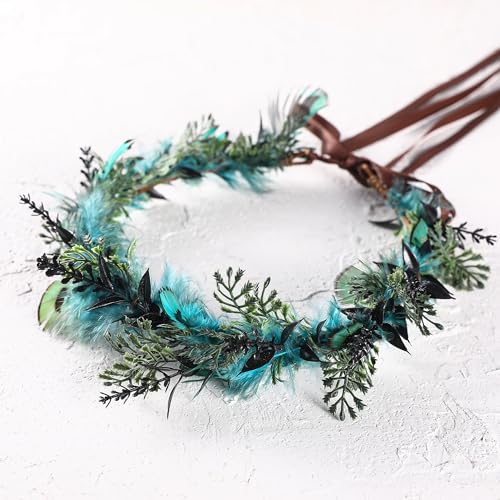 Blue Flower Crown Accessories - Elf Floral Headband Fairy Flower Accessories for Women Girl Birthday Wedding Party Photo Props - color: Feather-Blue