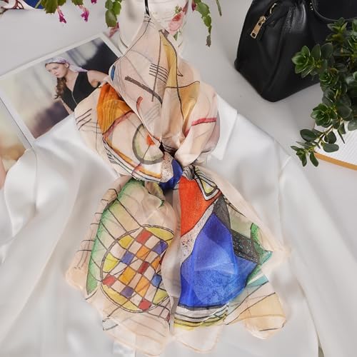 100% Mulberry Silk Women's Neck Silk Scarf-Lightweight Shawl,FLoral Print Beach Silk Wrap-Scarves for Photography - color: Beige