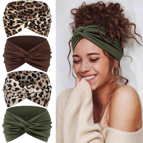 Wide Headbands for Women's Hair, 4 Pcs Hair bands – Vintage Turban Elastic Head Bands Adult Women Soft Head Wraps Knotted for Yoga & Workout – Summer Fashion Hair Accessories (military green) - color: military green