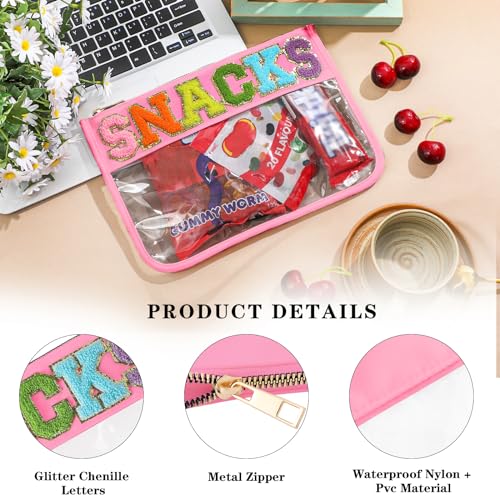 DYSHAYEN Chenille Letter Clear Zipper Pouch for Travel,Nylon Clear Cosmetic Bag,Makeup Travel Bag for Women Girls 11.8 Inches x 8.2 Inches - color: Pink-Snacks