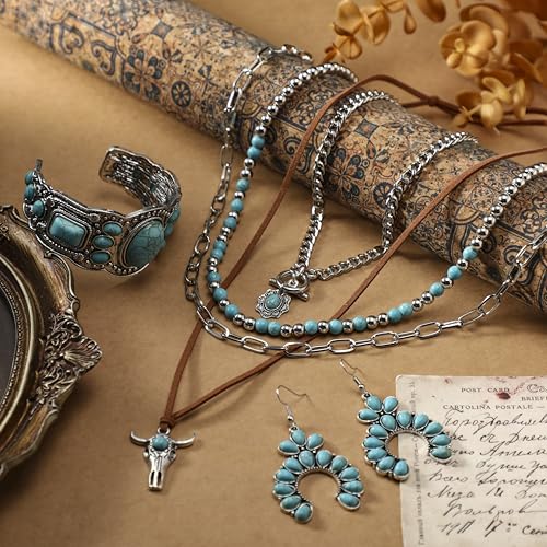 Inbagi 3 Pcs Boho Western Jewelry for Women Turquoise Jewelry Set Vintage Earrings Bracelet Western Bohemian Necklace for Women Cowboy Cowgirls - style: Elegant