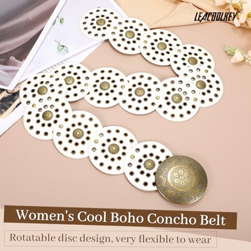 LEACOOLKEY Women's Boho Disc Belt Wide Western Leather Belt Vintage Concho Waist Belts for Dress Jeans - color: A-white, size: Fits 27"–33" (Waist/Hips), style: Style a