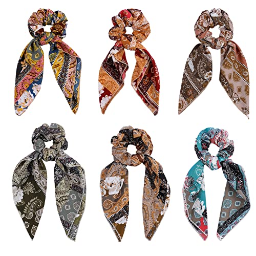Paisley Scrunchie Hair Accessories - Chiffon Hair Scarf Bandana, Scrunchies, Ribbons, Ponytail Holders, and Bow Scrunchies for Women (6PCS) | Scrunchies with Tails,Hair Scarves,Hair Bows,Bandana Scrunchies,Scarf Ponytail Holder,Hair Accessories for Women