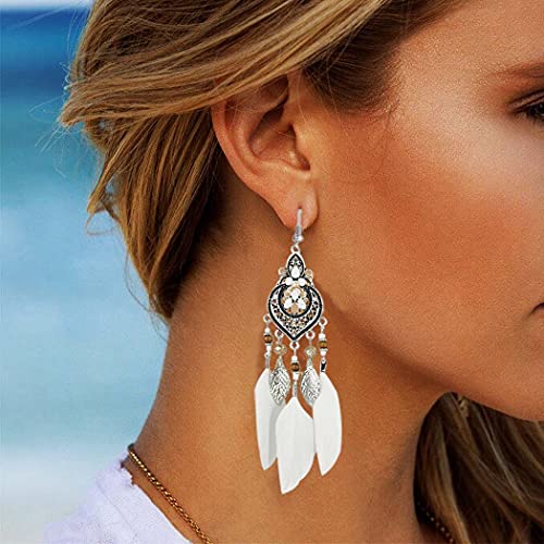 Bohemian Earrings Feather Tassel Silver Ethnic Retro Boho Dangle Earring Bead Women Jewelry for Birthday Party Gifts (White) - color: White