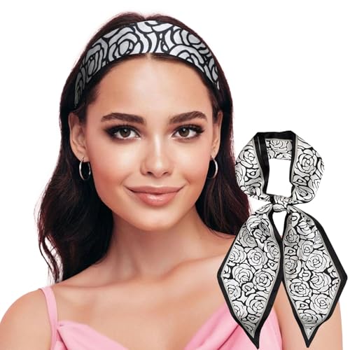 Sumolux Head Hair Scarf for Women Neck Purse Bag Handbags Scarf Like Silk - color: Black White Flowers