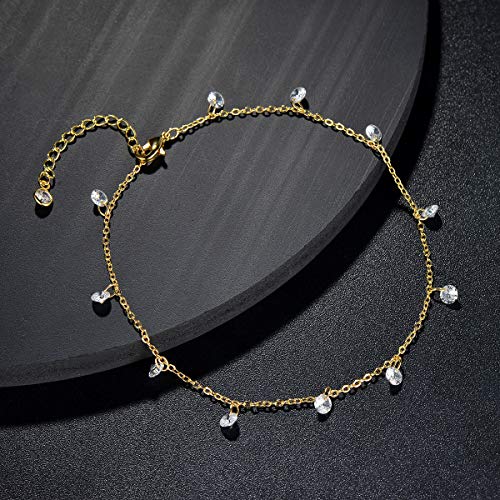 LOYATA Dainty Ankle Bracelet,14K Gold Plated Tiny Bead Anklet Dainty White Cubic Zirconia Cross Tassel Foot Chain Cute Lucky Moon Evil Eye Foot Jewelry Boho Anklets for Women - color: CZ
