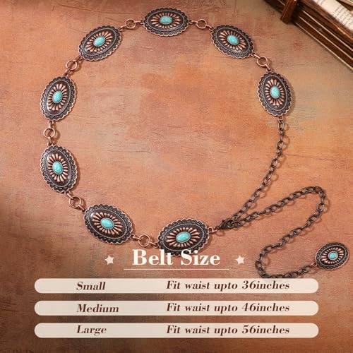 XZQTIVE Women Boho Chain Belts For Dresses Jeans Western Cowgirl Waist Links Belt Adjustable Metal Concho Belt - size: Fit Waist upto 36inches, style: Red Bronze