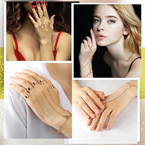 Fumete 6 pcs Finger Ring Bracelet Linked Rhinestone Hand Harness Chain Slave Bracelet with Ring Everyday Jewelry for Women - color: Gold, style: Delicate