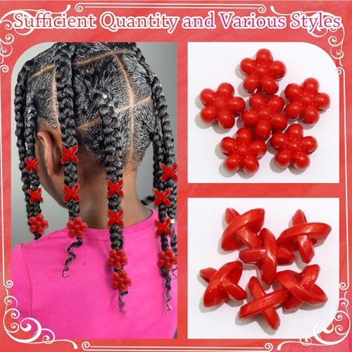 NAISKA 60PCS Valentines Red Beads for Hair Braids Kids Large Hole Hair Beads 2 Styles Dreadlock Bead Loc Jewelry Valentine's Day Braids Accessories for Women Girls - color: Red