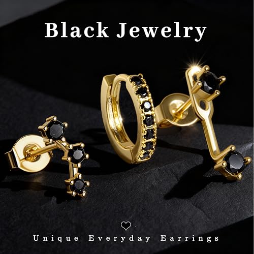 3 Pairs Dainty Small 4th of July Earrings for Women Trendy, Birthstone Stud Huggie Hoop Jacket Stack for Cartilage Helix, Gold Plated Hypoallergenic Cute Women Fashion Accessories Western Jewelry Gifts - color: Black CZ (Gold)
