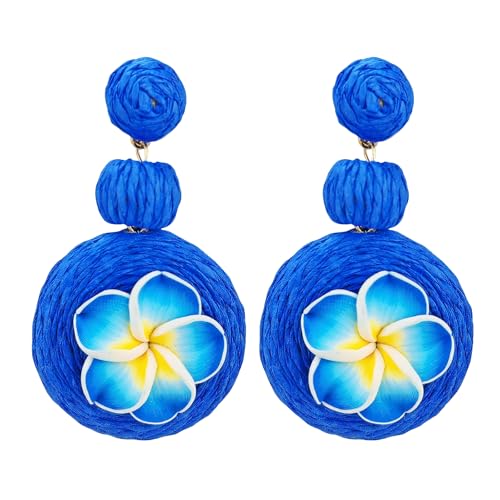 Boho Raffia Ball Earrings for Women, Handmade Statement Drop Earrings Straw Dangle Earrings Beach Vacation Jewelry - color: Royal blue flowers