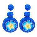 Boho Raffia Ball Earrings for Women, Handmade Statement Drop Earrings Straw Dangle Earrings Beach Vacation Jewelry - color: Royal blue flowers