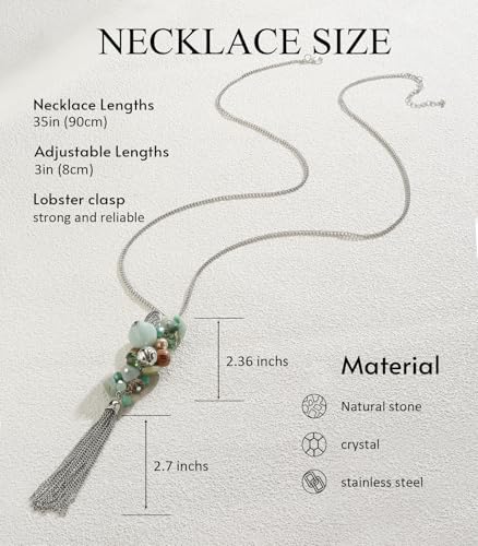 Noessla Boho Long Pendant Necklaces for Women Silver Tassel Long Necklace Sweater Chain Mothers Day Gifts Silver Costume Jewelry for Women - color: Amazon Green