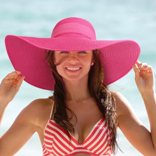 DRESHOW Beach Hats for Women Big Straw Wide Brim Summer Hat Floppy Foldable Roll up Cap Sun Hat UPF 50+ - color: Deep Pink / 5.5" Brim, 1 Pack