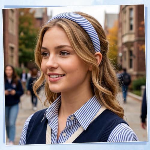 obeoby Blue Headbands, Stripe Head Band for Nautical and Preppy Style Outfits, Non Slip Summer Headband for Girls Women Trendy Hair Accessories (5Pcs) - color: Blue series