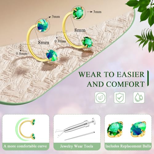 Opal Nose Ring Studs Horseshoe Nose Rings Hoops Stud 316L Stainless Steel Nose Rings Round CZ Square Screw L Shaped Nose Stud Hypoallergenic Nostril Piercing Jewelry for Women Men - color: Gold/3.0mm Green gem/20gauge