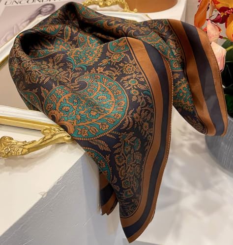 JERLA 100% Pure Mulberry Silk Square Scarf for Hair-27''x27'' Women Men Natural Silk Neckerchief Headscarf - color: Paisley Brown
