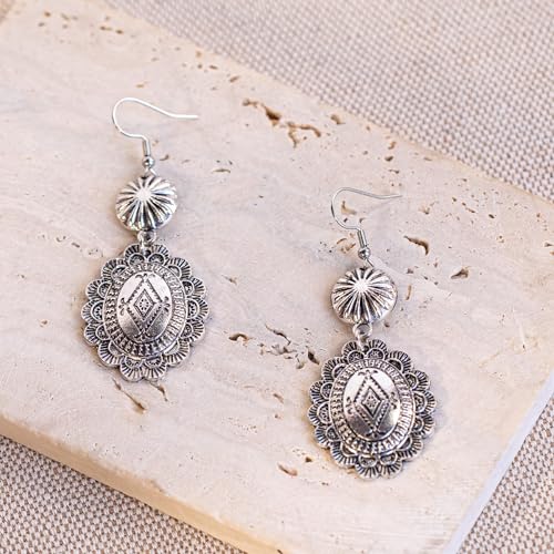 Rustic Couture's Western Earrings for Women Cowgirl Country Concho Dangling Western Statement Jewelry - color: B-Silver
