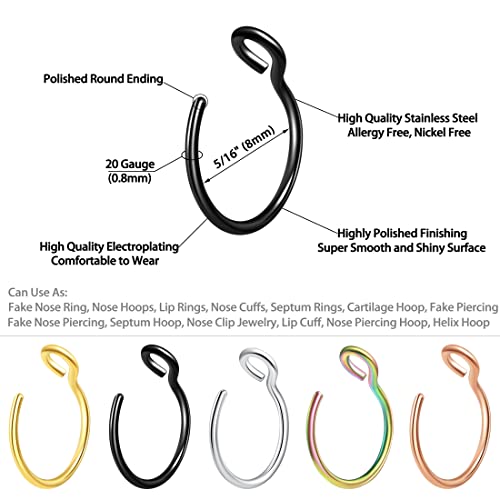 5-18 Pcs Nose Rings Hoops Fake Nose Ring Fake Septum Fake Lip Rings Fake Septum Piercing Fake Nose Piercing Fake Nose Hoop Double Hoop Nose Ring Fake Double Nose Ring Nose Cuffs Faux Nose Rings Clip On Cartilage Hoop Earring - color: A0: 5Pcs Gold Silver