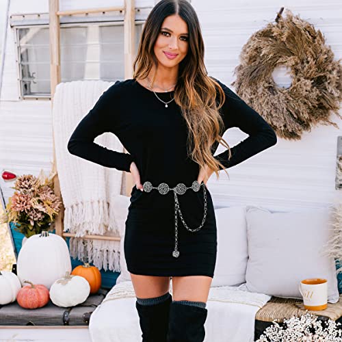 Long Tassel Waist Chain Belt for Women, Adjustable Metal Body Belly Belt Chain for Dress - color: Silver Round, size: L: (Fit Waist 51.2in)