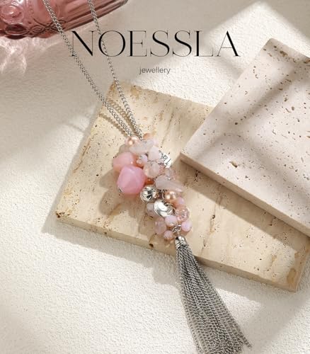 Noessla Boho Long Pendant Necklaces for Women Silver Tassel Long Necklace Sweater Chain Mothers Day Gifts Silver Costume Jewelry for Women - color: Pink Crystal