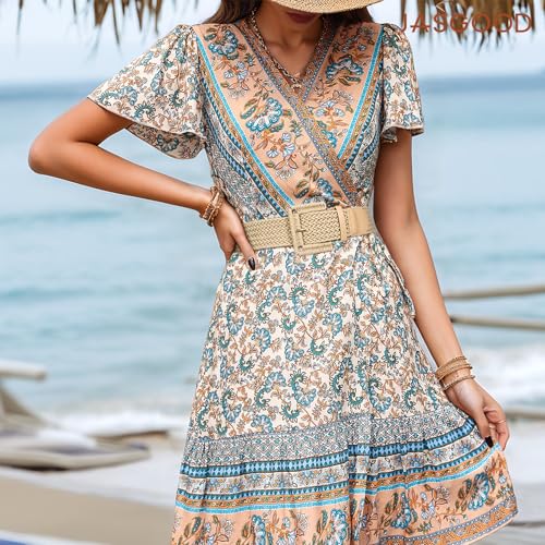 JASGOOD Women Wide Woven Belt for Dresses Rattan Waist Belt Braided Boho Belt with Square Buckle - color: Khaki, size: Fit Waist Size 33-37inch