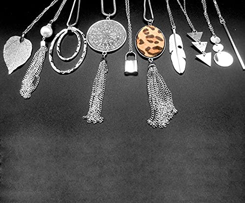10Pcs Long Pendant Necklace Simple Moon Bar Three Triangle Tassel Lock Sweater Y Shape Punk Chain Choker Necklace for Women Men Gold Silver Plated - style: D:10Pcs Silver Tone
