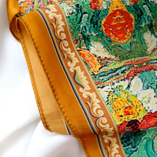 JERLA 100% Pure Mulberry Silk Square Scarf for Hair-27''x27'' Women Men Natural Silk Neckerchief Headscarf - color: Oil Painting Garden
