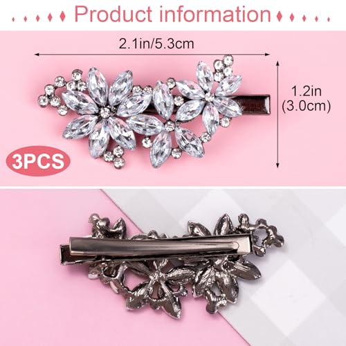 PAGOW 3pcs Silver Flower Rhinestone Hair Clips, Bling Crystal Hair Barrettes Clips for Women, Glitter Flower Bridal Headpiece Accessories for Wedding Birthday Parties - color: Silver 3pcs-B Style