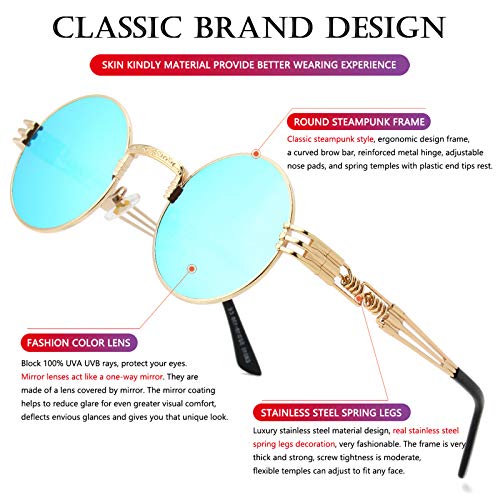 AIEYEZO Round Steampunk Sunglasses for Men Women Retro Circle Hippie Glasses Metal Frame 100% UV Blocking Lens - color: Gold/Ice Blue Mirror