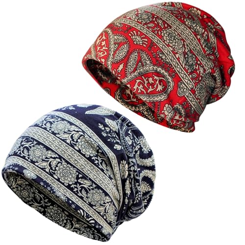 Women's Slouchy Beanie Cap Chemo Headwear Hats Scarf - color: F - Red Navy