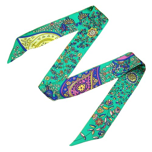 JERLA 100% Mulberry silk Scarf bag scarf Head Hair Ribbon Handbag Handle wrap Tie Bundle Neckerchief Scarf for women - color: Flower Green