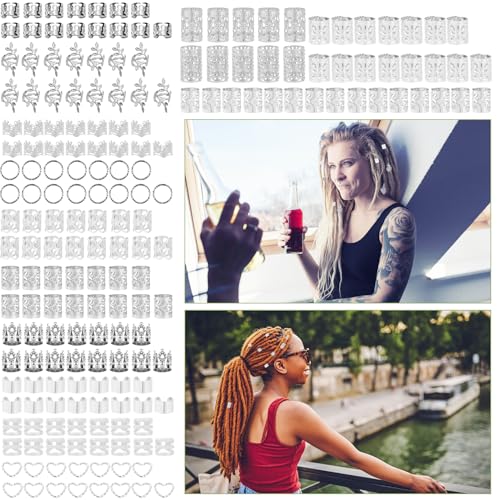 190 Pcs Hair Jewelry for Braids,Gold Hair Jewelry for Braid Accessories,Loc Jewelry for Hair Dreadlock with Ring Cuffs Clips Charm Dreadlock Accessories Hair Decorations for Men Women Girl (Silver) - color: Silver