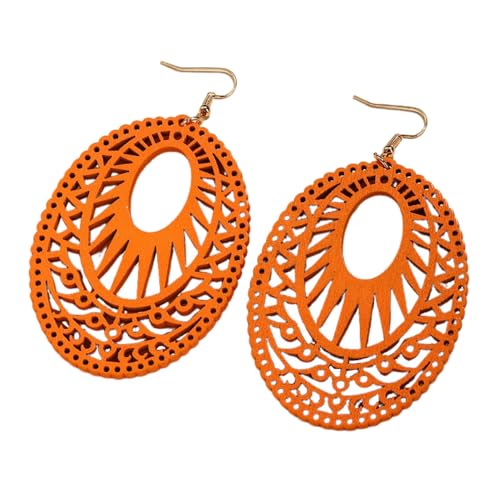 Boho Wooden Cutout Dangle Earrings for Women Bohemian Teardrop Oval Hollow Floral Pattern Drop Earrings Colorful Lightweight Statement Party Jewelry - color: Orange