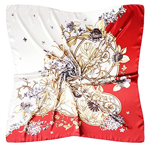 vabovin Satin Head Scarf for Women Silk Like Hair Scarf, 35 x 35 in | Silk Feel Fabric, Hair Wrap for Sleeping, Headscarf and Neck Scarf, Square Bandana Style, Fashion Accessory - color: 022 Red Beige Floral Print