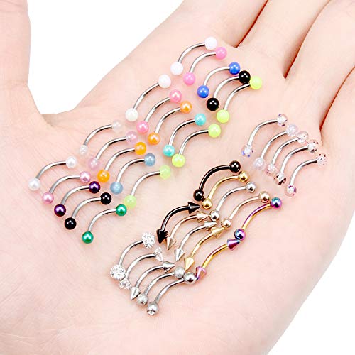 40Pcs 16G Surgical Steel Daith Rook Earring 8mm 10mm Curved Barbell Eyebrow Rings Belly Button Ring Piercing Jewelry for Women Men