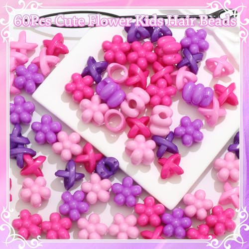 NAISKA 60Pcs Hot Pink Flower Hair Beads for Kids Purple Beads for Hair 3 Color Hair Beads for Braids Small Pony Dreadlock Beads Acrylic Beads Girls Braid Clips Accessories - color: Purple, Pink, Rose Red