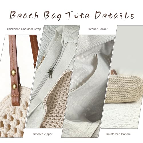 Crochet Beach Bag, Woven Tote Bag, Boho Bags for Women,Summer Purse with Zipper & Pocket - color: Beige
