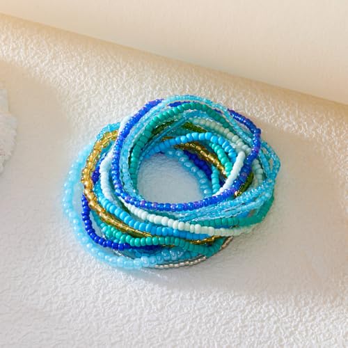 Fuqimanman2020 17Pcs Elastic Beaded Handmade Bracelets Bohemian Stackable Beaded Stretch Bracelets Colorful Rainbow Seed Beach Anket Bracelet Set Summer Jewelry for Women - color: Blue
