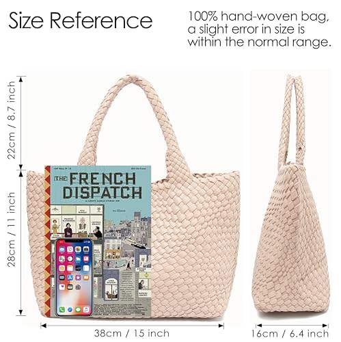 Handmade Woven Tote Bag for Women, Soft Vegan Leather Shoulder Bag with Purse, Large Travel Handbag - color: Nude-beige