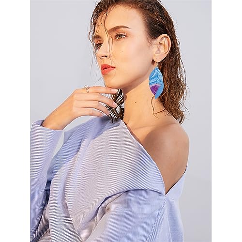 ANXIN boho unique Leather Earrings 2 Layered Lightweight Faux Leather Leaf Earrings Layered Design Drop Earrings Gift for Women - color: Blue Faux Leather Leaf Earrings