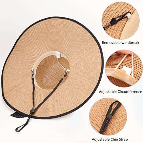 DRESHOW Beach Hats for Women Big Straw Wide Brim Summer Hat Floppy Foldable Roll up Cap Sun Hat UPF 50+ - color: 1 Pc：black Edge Khaki+white Dot Hat, 4.7" Brim