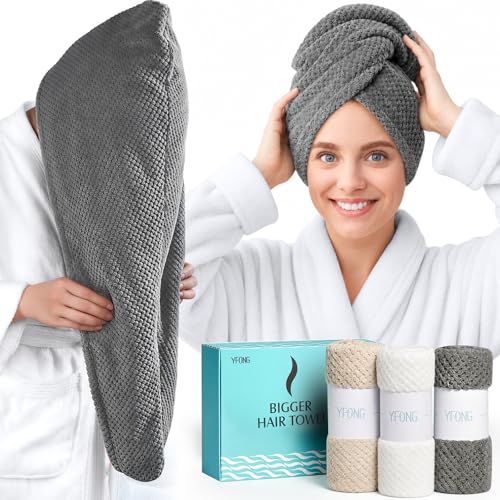 YFONG 3 Pack Large Microfiber Hair Towel Wrap, 30" x 10" Anti Frizz Quick Dry Hair Towels for Women Long, Curly, Thick Hair, Super Absorbent Hair Turban for Wet Hair (Grey, White, Camel) - color: Grey, White, Camel