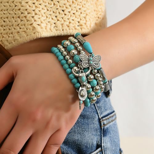 Western Turquoise Beaded Bracelet Stack - Vintage Cowgirl Stretch Set with Bull Skull, Feather & Boot Charms, Handmade Boho Jewelry for Rodeo, Country Concerts & Casual Western Outfits - style: Set