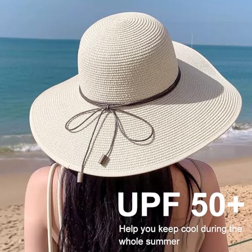 DRESHOW Beach Hats for Women Big Straw Wide Brim Summer Hat Floppy Foldable Roll up Cap Sun Hat UPF 50+ - color: 1 Pack Bowknot Hat: Ivory White, 4.7" Brim